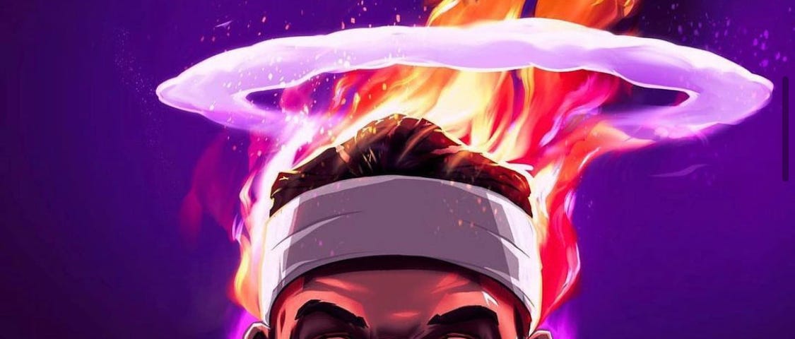 A picture of Jimmy Butler’s head on fire, surrounded by a smoke ring against a black-and-purple background. Art done by Will McArdle