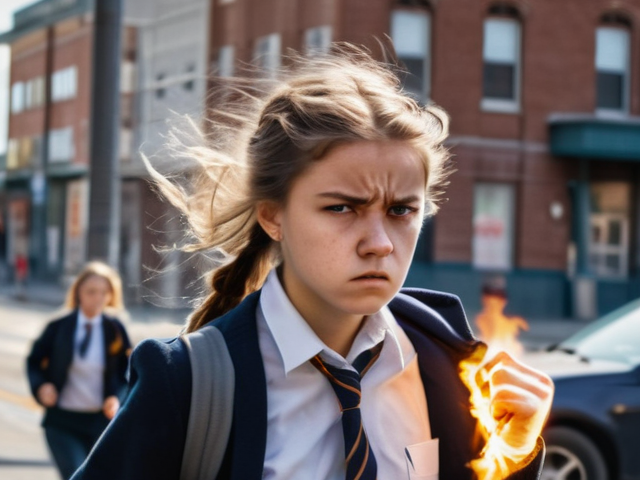 An angry girl in a school uniform with a fist on fire.