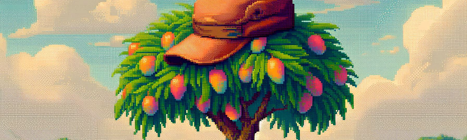 A colorful painting of a mango tree wearing a cap, in the style of 1800s, pixel art