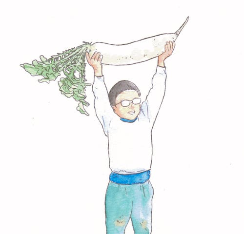 A kid carrying daikon