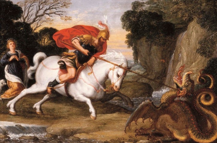 image of St George slaying a dragon whilst a maiden watches on