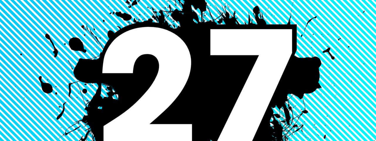 The number 27 in white on a blue background with a black splash around it