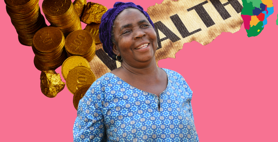 Black woman in blue dress, with gold objects, coins, and perhaps the world wealth behind her