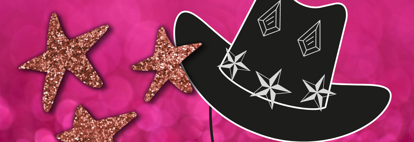 Hat, star, and glitter illustration created in Canva.