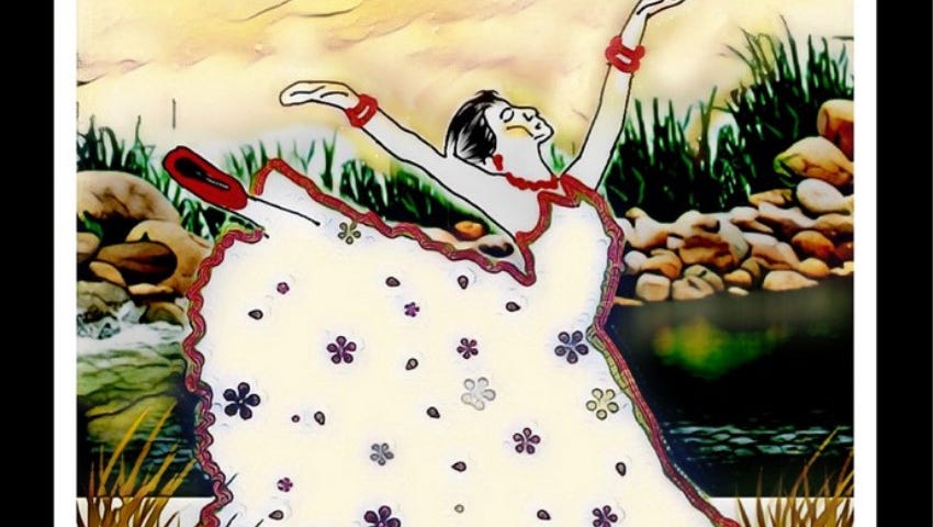 Original artwork by Tej depicting a dark-haired girl in a full-skirted white floral dress dancing in coarse-bladed grass beside a green stream. A pebbled wall forms the bank on the far side of the stream and dense yellow-tinged clouds fill the sky.
