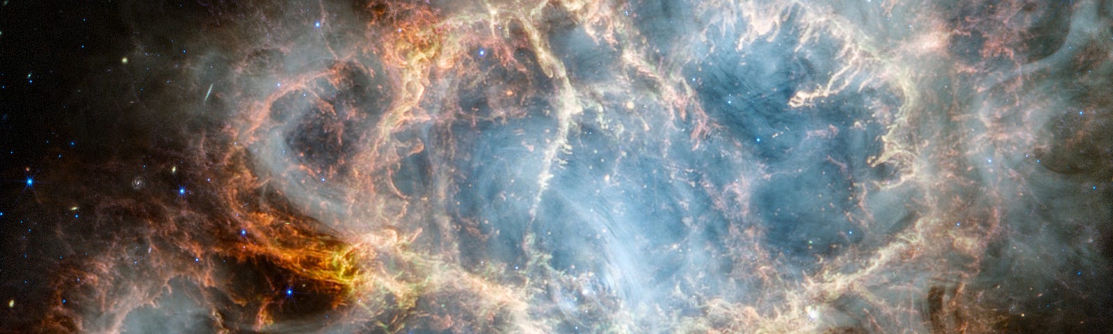 A veiny, large cloud structure fills the image. The middle is a blue haze, surrounded by wisps of orange, yellow, and white light.