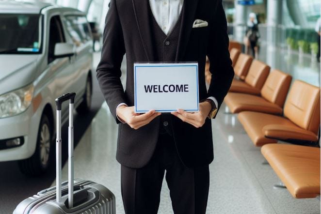 A smartly dressed chauffeur holding a welcome sign while at the airport exit, with a wheeled suitcase by his side.