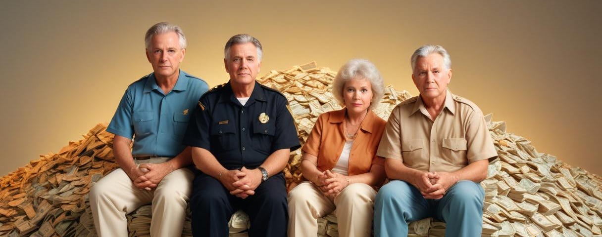 Picture of baby boomers guarding a whole pile of money