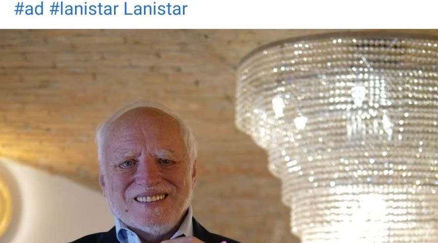 Hide the Pain Harold holding some Lanistar cards in a Facebook post that says: “Having trouble choosing a payment card? Just choose a colour, Lanistar payment cards are safe and secure”