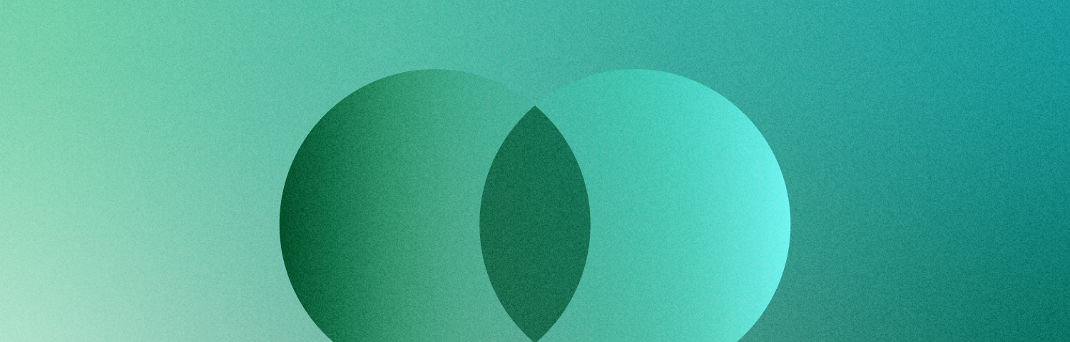 A gradient background and overlay of a green and turquoise grain texture. In the centre, there are 2 circles overlapping. Where they meet in the middle, the gradient colour is no longer and is simply a deep green. The Loblaw Digital logo is in the bottom right corner and is in a deeper green.