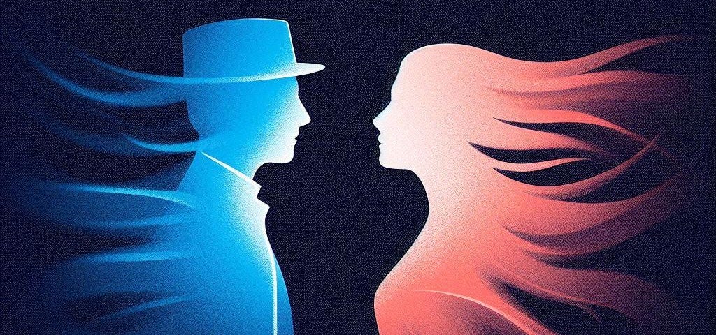 A man and a woman facing each other. The man is in a suit and depicted in blue, the woman is freer in form and depicted in red.