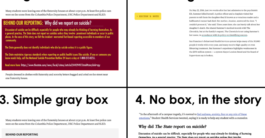 Four versions of transparency language: High contrast, Floating box, Simple gray box and No box.