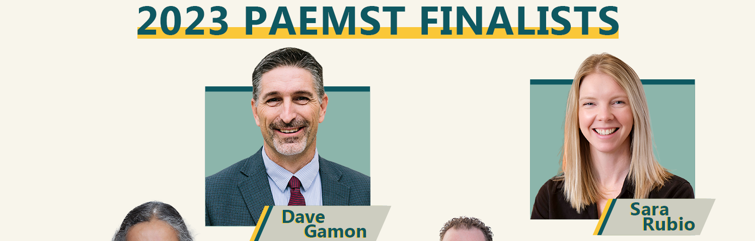 A graphic image featuring headshots of four teachers, and the words “Congratulations 2023 PAEMST Finalists”