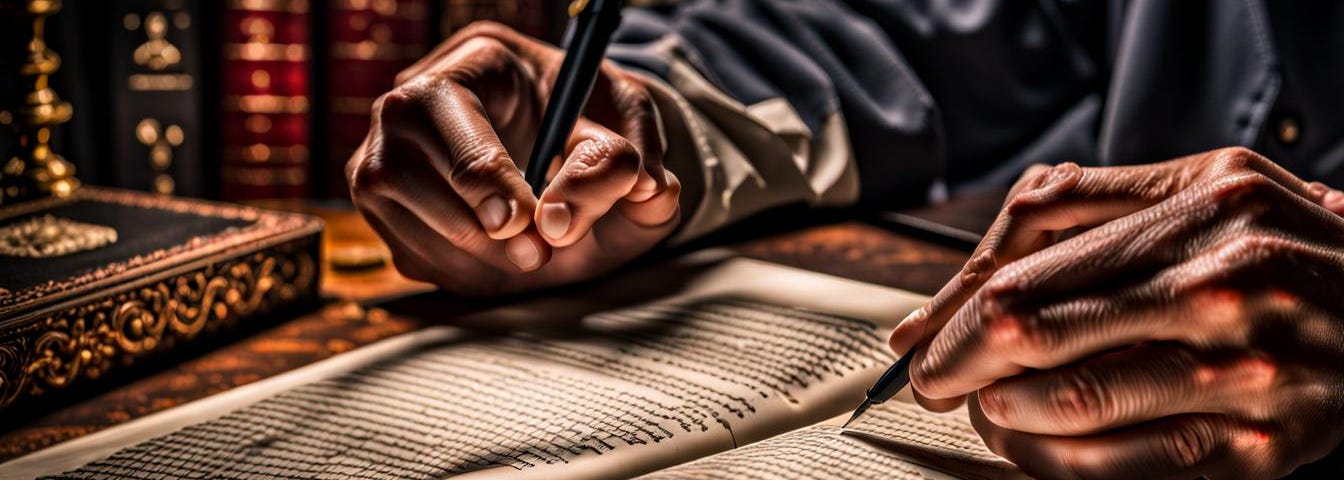 Hand with pen, writing in book