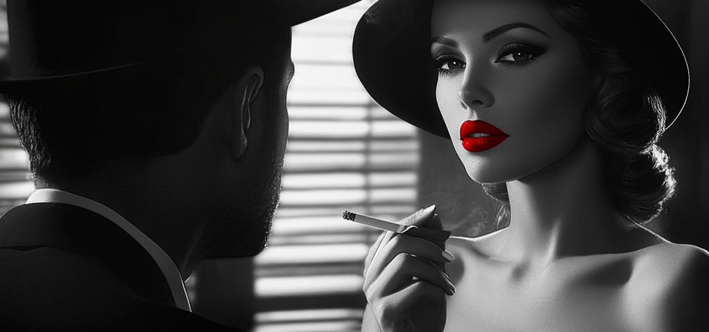 a black and white noir scene with a beautiful lady talking to a private detective