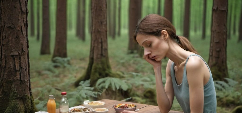 Extremely thin, sad woman sitting at a table full of food in a forest