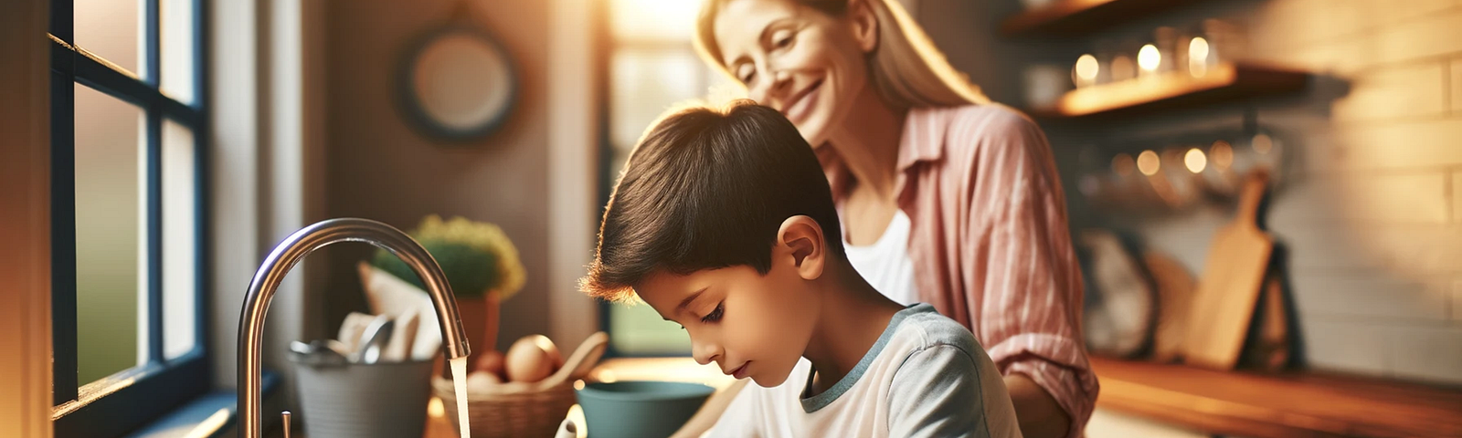 A young boy helping his mom in the kitchen visually represents the theme of responsibility. This scene can teach children about the importance of helping out at home and being dependable