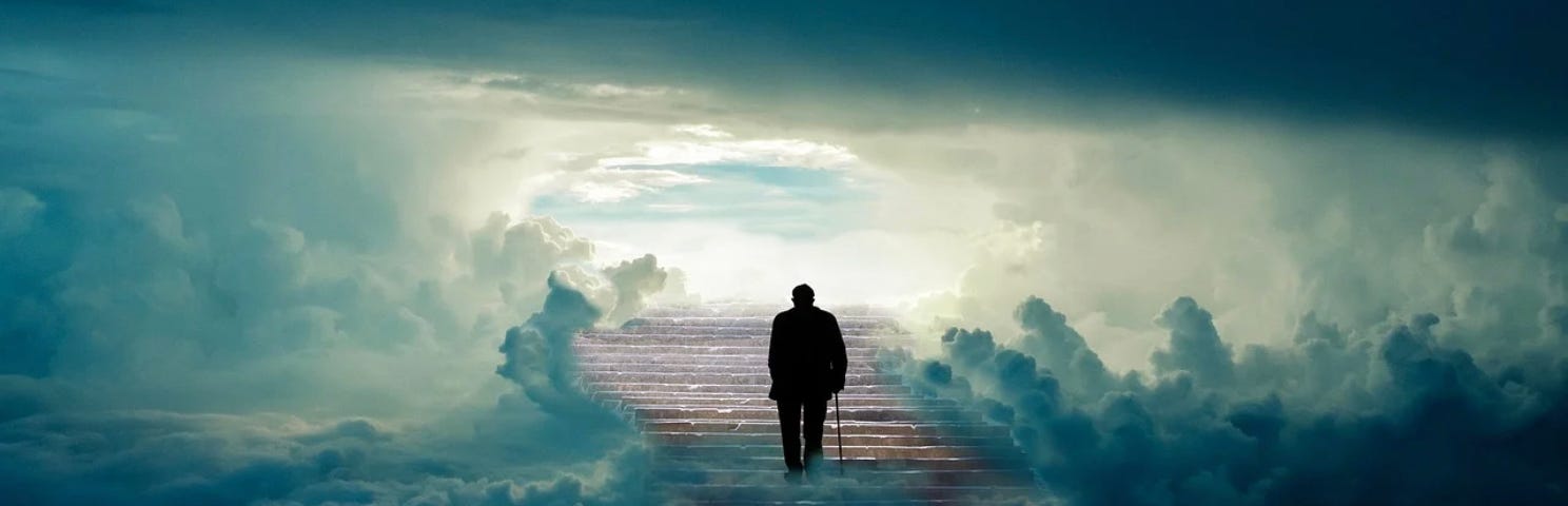 A gentleman with his walking stick ascending the staurs to heaven.