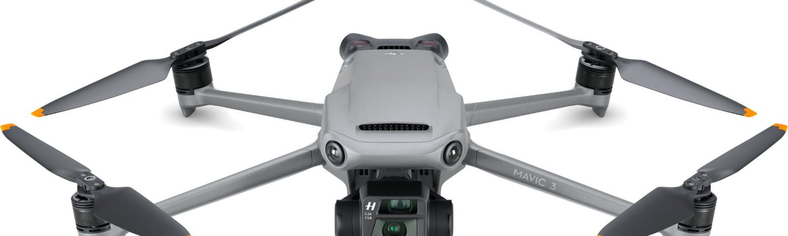 IMAGE: a drone DJI Mavic 3, in frontal view, on a white background