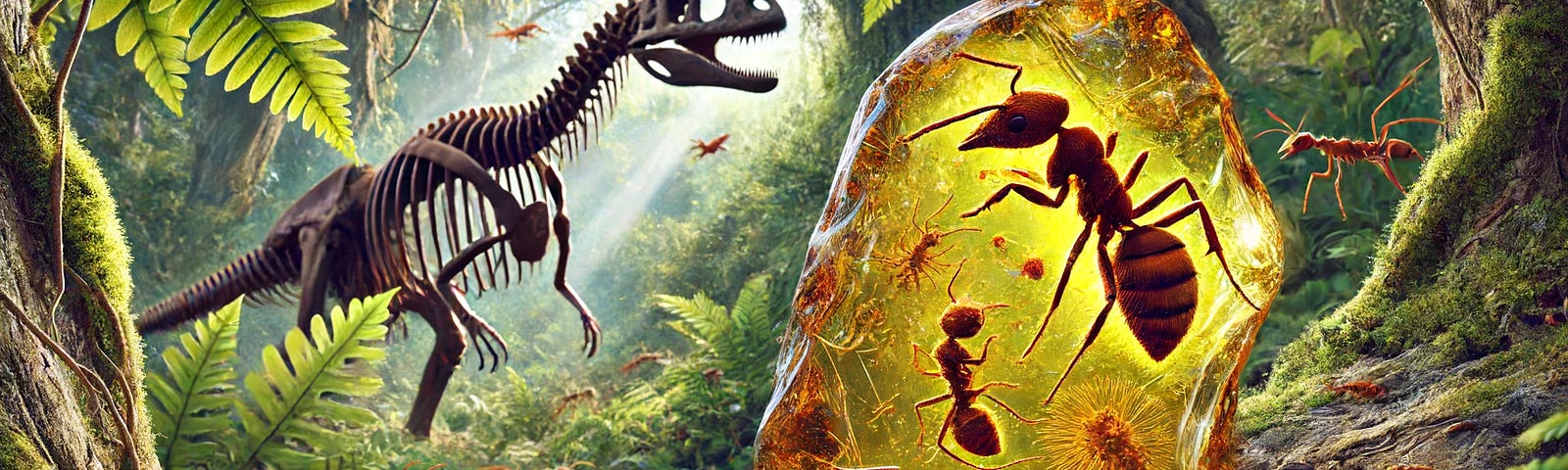 A realistic depiction of a prehistoric scene featuring ants from 100 million years ago preserved in amber, with detailed sensory organs visible. The background shows a lush, ancient forest with diverse foliage and a dinosaur in the distance. The amber is cracked open, highlighting the ants’ sensory structures, capturing the essence of the Cretaceous period