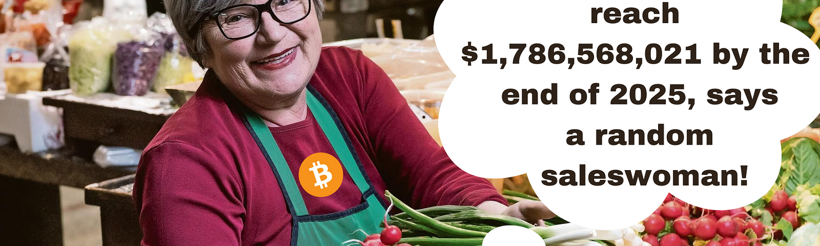 There is an saleswomen selling vegetable and commenting the price of the Bitcoin in the picture