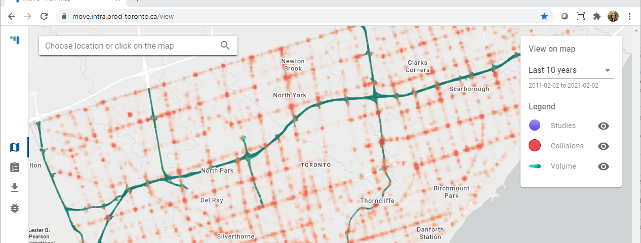 A screenshot of MOVE in a web browser, including a heatmap of the City of Toronto with collision hotspots and areas of high traffic volume identified. The tool also has a search bar, a legend (showing years of data, and an option to toggle layers on and off), and generic map control functions.