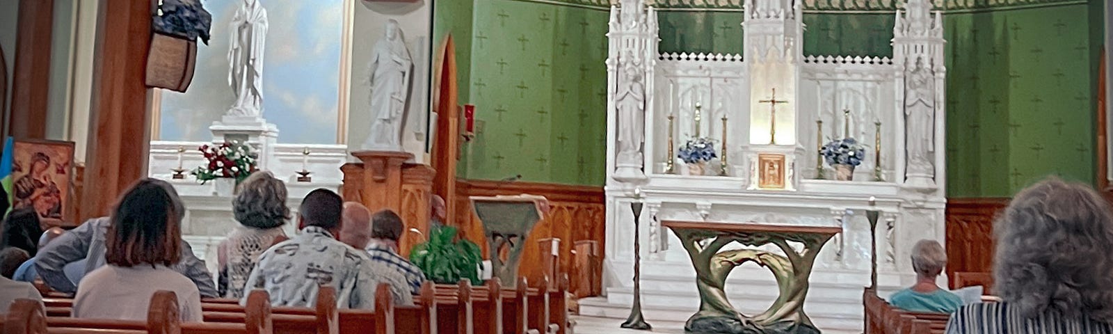 Vintage picture of people in church pews and empty altar