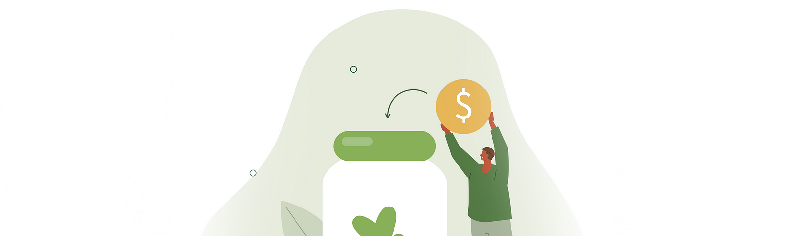 Illustration of a person putting money and hearts in a jar.