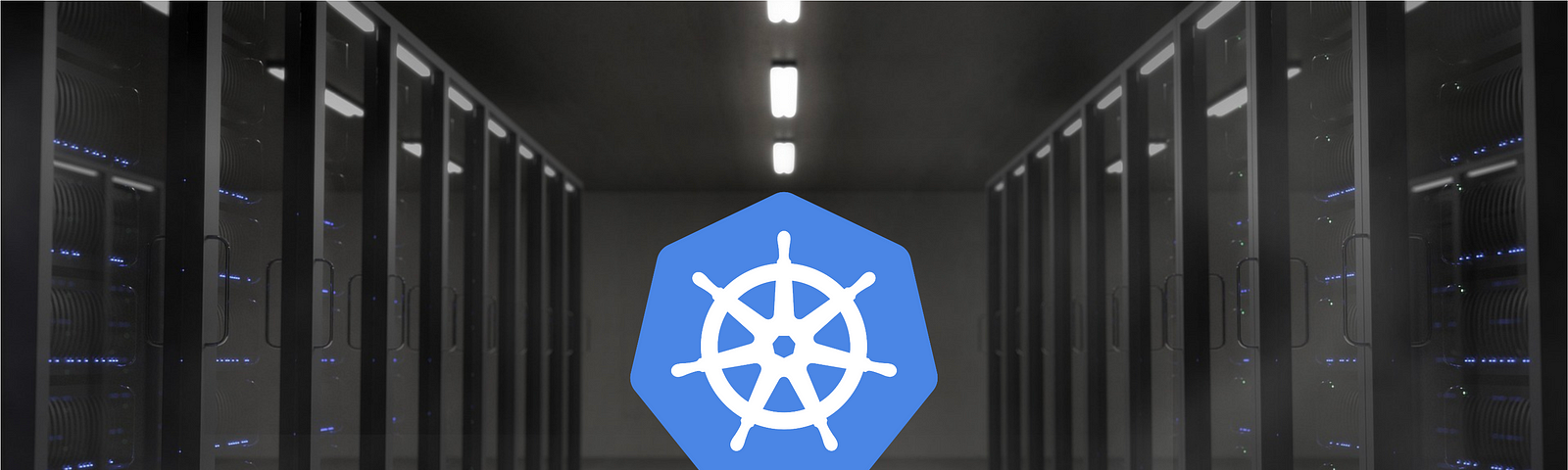 Picture of the Kubernetes logo in a data center