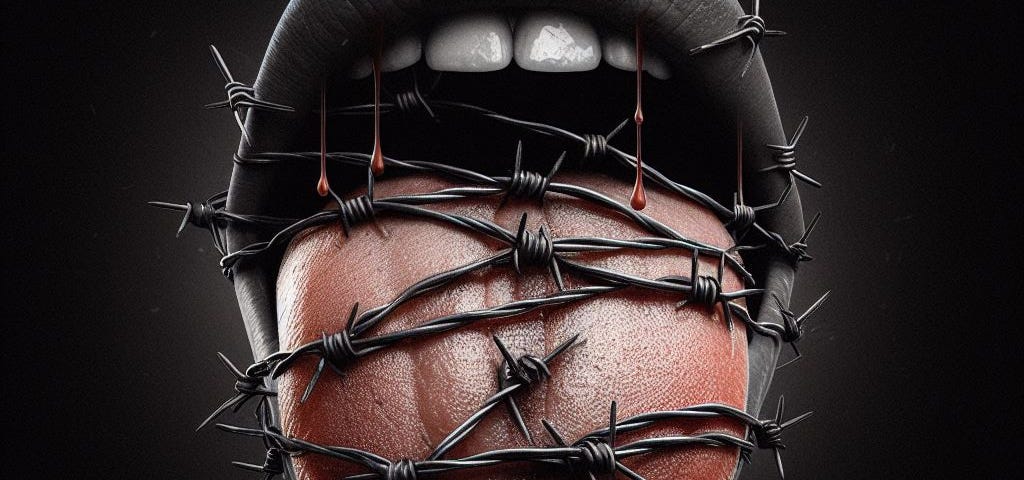 close-up image of a mouth with tongue sticking out that is wrapped in barbed wire and dripping venom