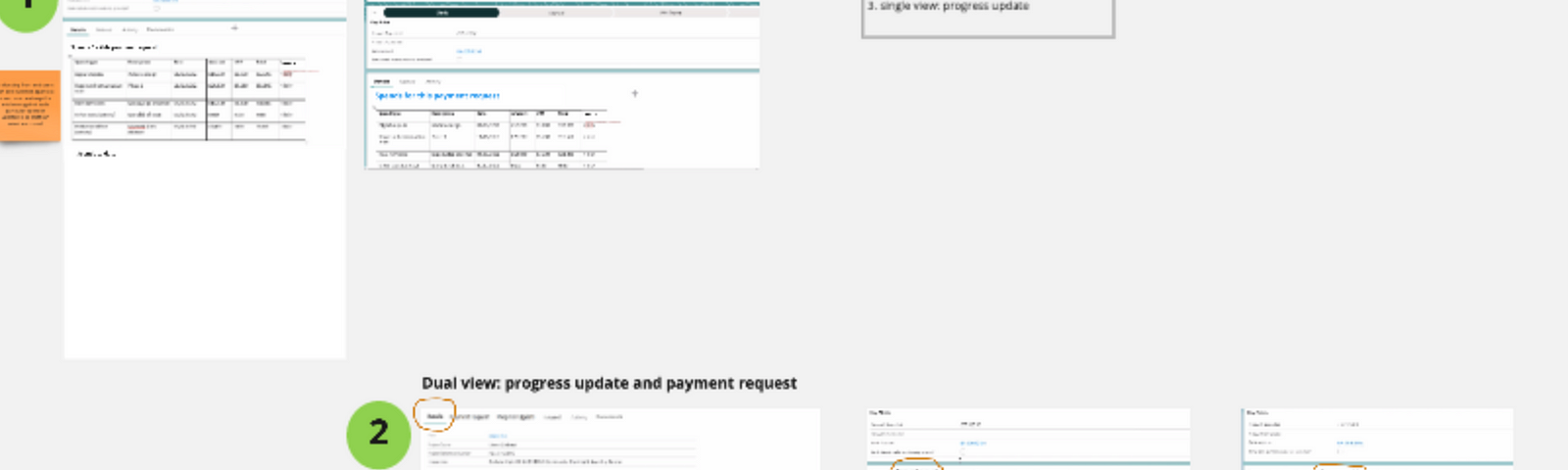 Sketches of 3 ideas of how staff might see the payment request and progress report in Salesforce