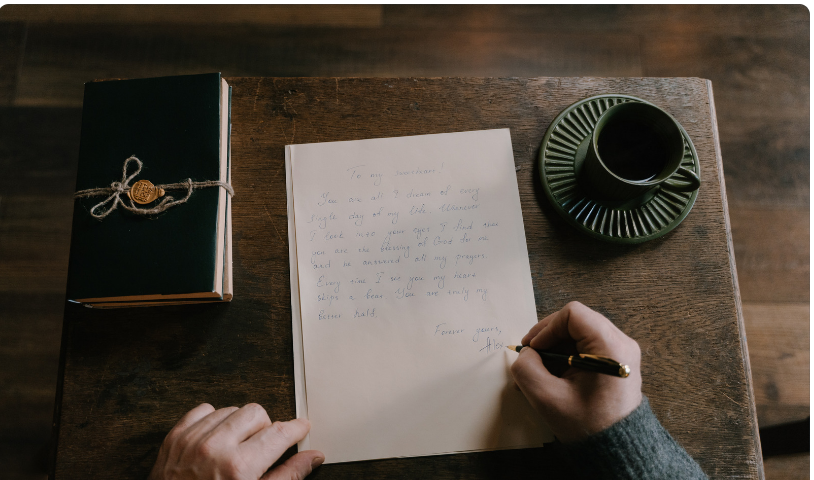 A table with coffee cup, journal and a hand holding a pen and writing on paper