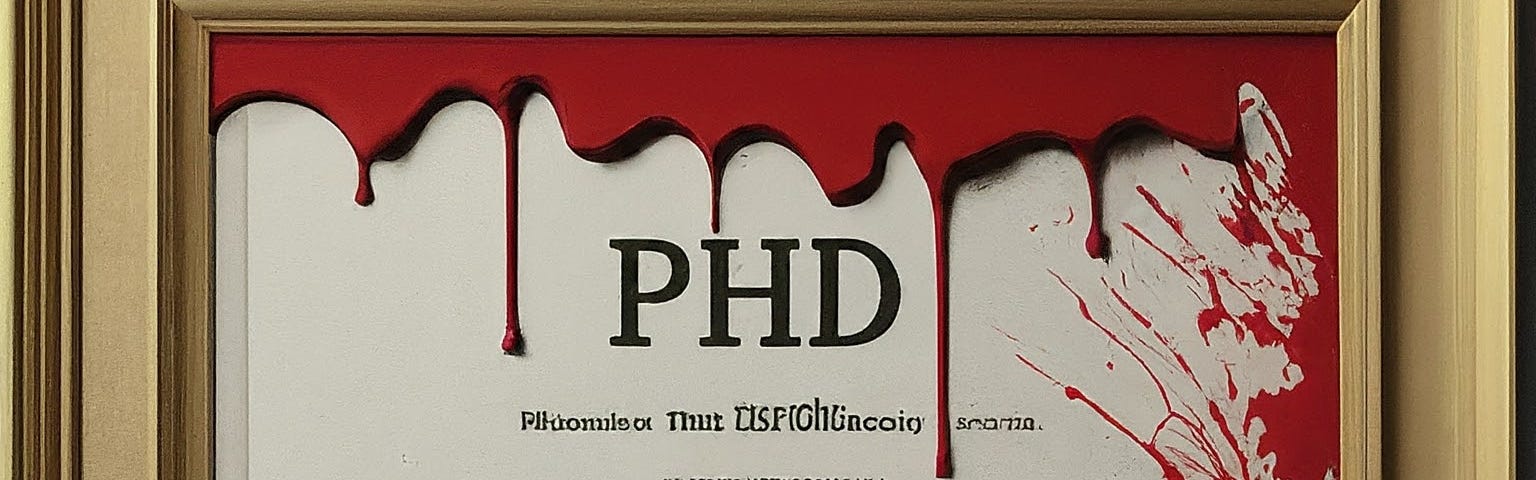 A PhD certificate in a frame covered in a blood-like substance.