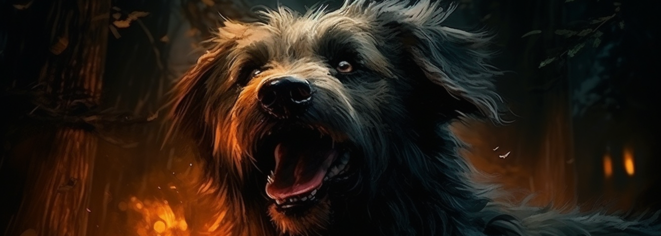 Scruffy dog with a crazed look surrounded by fire in a forest.