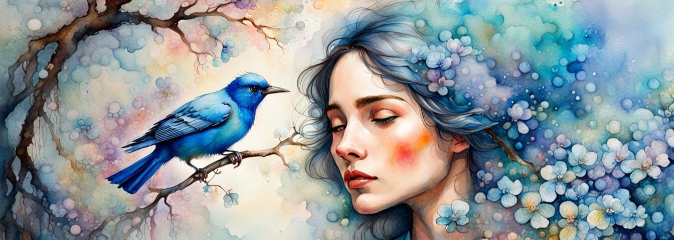 Blue Blossom bird and woman portrait