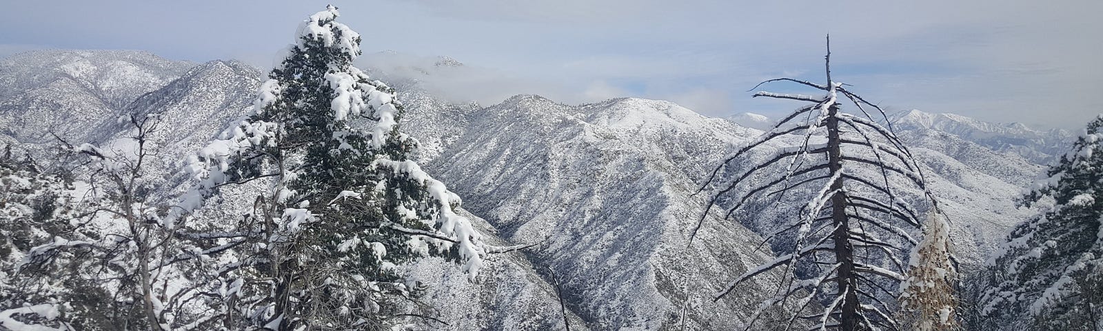 Snow covered mountains off Highway 2 in the Angeles National Forest.