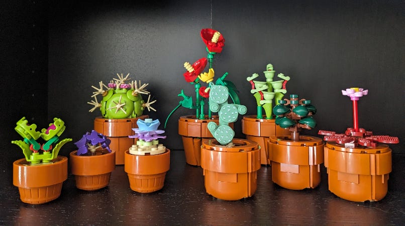 The completed LEGO Tiny Plants set on a black surface in front of a black background. There are nine plants in pots, three each in teeny, tiny, and small sizes. There are a great variety including cacti, flowers, Venus fly traps, and more.