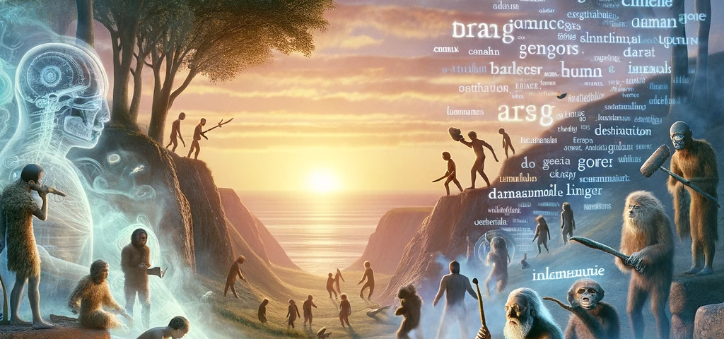 Conceptual image depicting the evolution of human knowledge. In the foreground, early humans of diverse ancestries craft stone tools by a campfire, symbolizing the dawn of tool-making. In the background, ancient humans communicate around a fire, illustrating the birth of language. The scene unfolds in a prehistoric landscape under the gentle glow of dawn light on the horizon, representing human cognitive awakening and the legacy of knowledge.