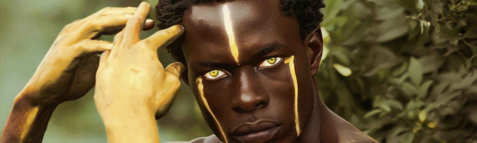 A man of African descent stares into the came lens wearing neon yellow contact lenses, four vertical yellow stripes of paint on his face, and his forearms are covered in yellow paint. He’s posing amidst bushes and greenery in the background.