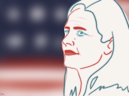 A red, white, and blue line drawing of Amy Coney Barrett, with a blurry American flag in the background.