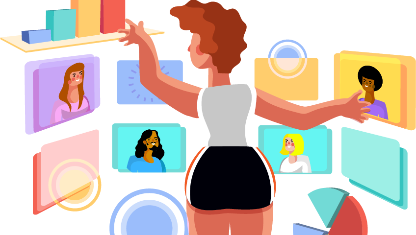 Illustration of an woman searching through different screens