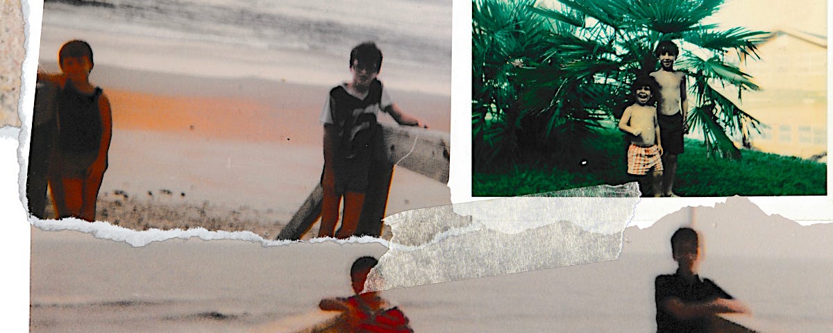 A photo montage of two young brothers at the beach in 1982 and in Louisiana in 1977.