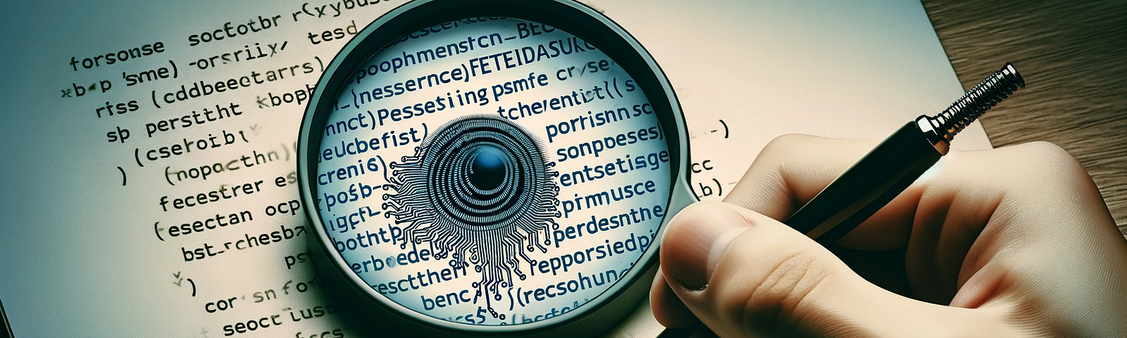 The image highlights a magnifying glass held over a sheet of paper with a complex coding sequence. This represents the detailed examination and understanding of code, symbolizing persistence in solving coding problems, the importance of feedback from detailed analysis, and the exploration of new coding challenges. The background is simple, emphasizing the magnifying glass and the code beneath it.