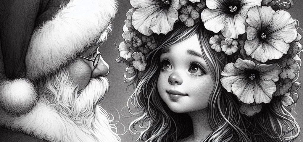 Young girl with petunias in her hair talking to Santa Claus