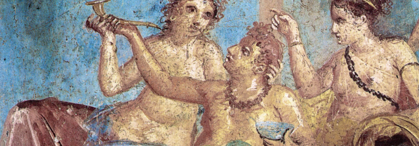 Photo of mural found in Casa dei Casti Amanti in Pompeii depicting women at a Roman banquet