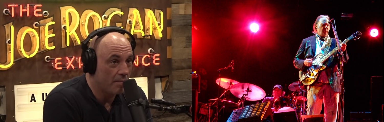 Split image of Joe Rogan on the left, sitting behind a microphone during one of his podcasts, and Neil Young on stage on the right, playing a guitar.