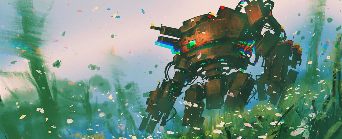 Image: A large and heavily-armed red robot striding through a fields of flowers.