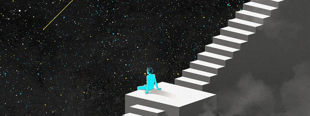 A staircase with a person sitting on a platform in the middle. To the left is the past going down and to the right is the future going up.