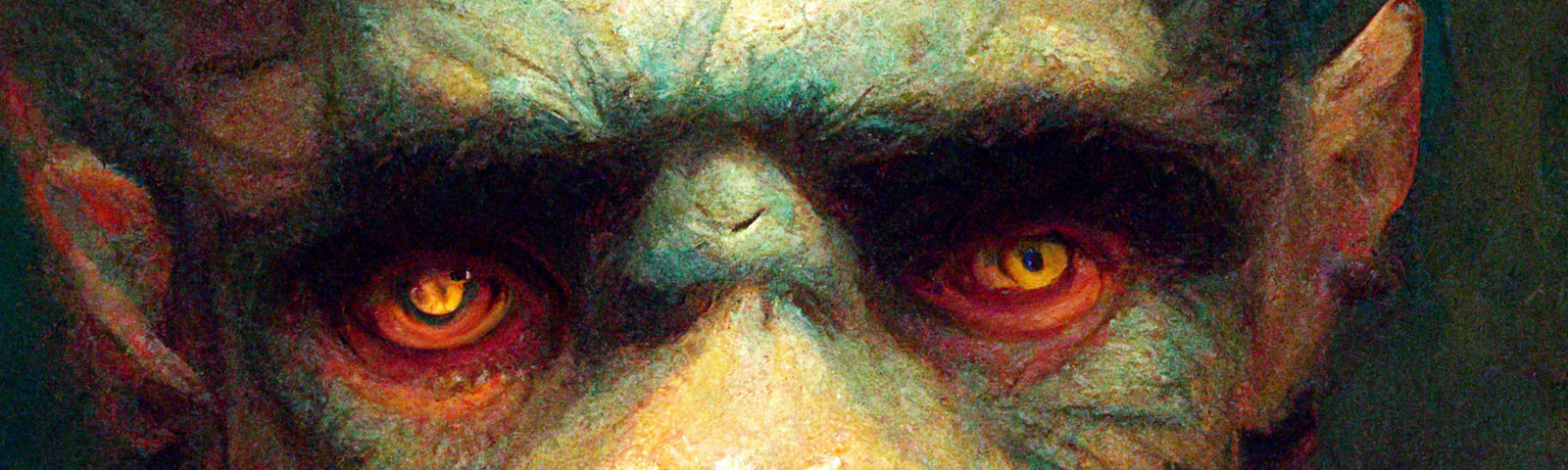 Close-up of a frightened orc with pale skin and yellow eyes.