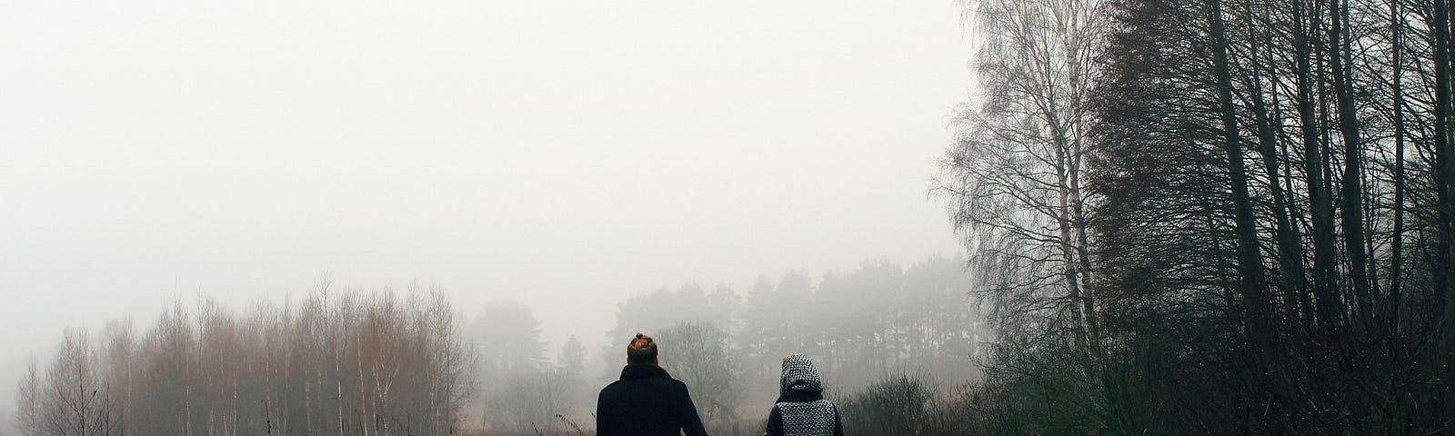 A couple holds hands and walks down a foggy country path lined with trees and fields.